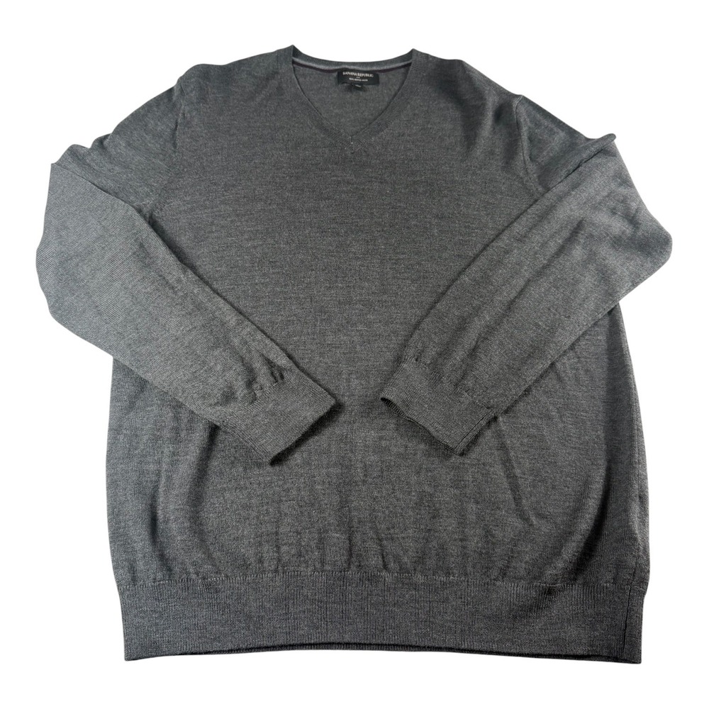 Banana Republic Sweater Mens Large Gray 100% Merino Wool V Neck Pullover